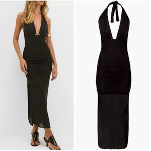 Caroline Constas Salma Halter Gold Plated Detail Black Cover-Up Dress